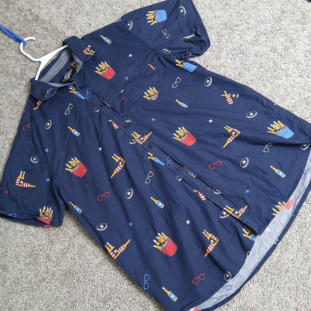 Eighty Eight Mens Navy Blue Beer Sunglasses Novelty Print Button Down Shirt L